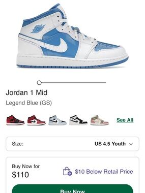 Boys Nike Jordan 1 Mid - Legend Blue & White Size 4.5